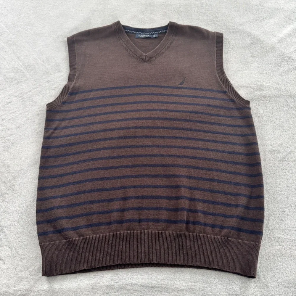 Nautica Men's V-Neck Sweater Vest Brown Navy Blue Striped 100% Cotton Size Large